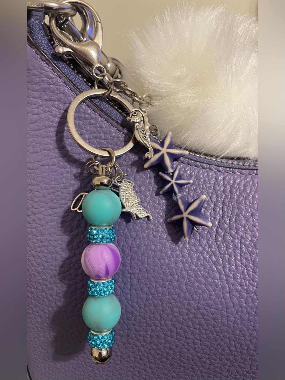 Beaded Star Keychain or purse charm with cream colored faux fur pom pom-HANDMADE